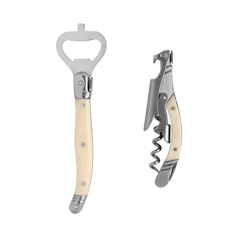 Laguiole Barware Opener & Corkscrew Set Faux Ivory Handles